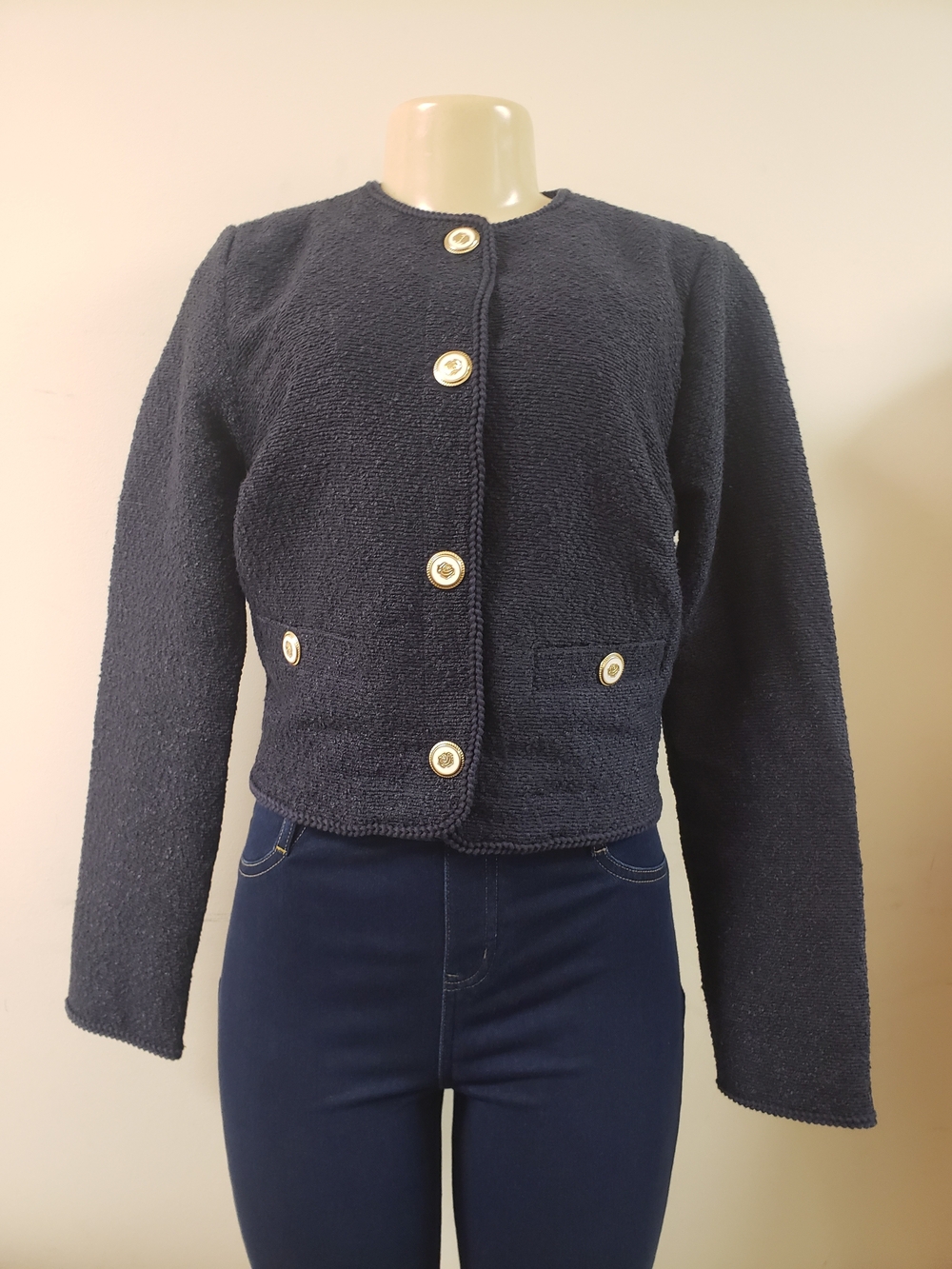Women's Navy Button-Front Tweed Jacket
